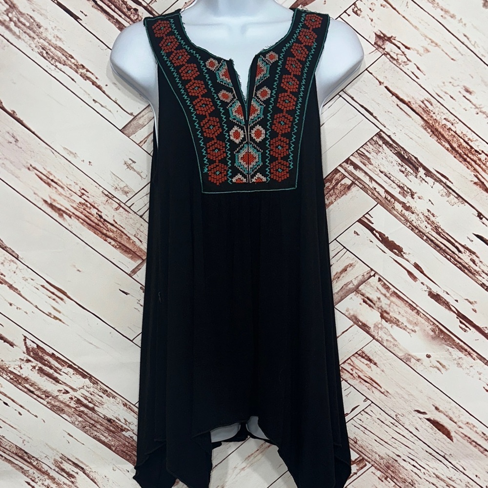 NWT About A Girl Black Sleeveless Blouse with Red and teal boho Embroidery